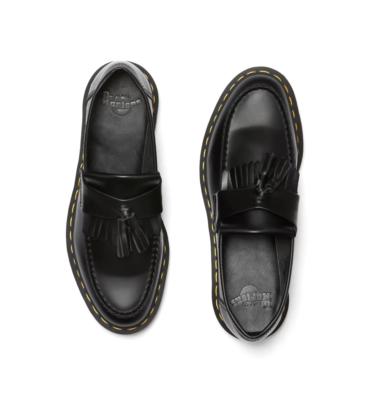 Dr. Martens Adrian Black Smooth Leather Yellow Stitch Tassel Loafer Shoe