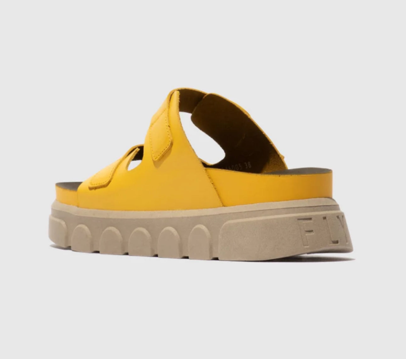 Fly London Cide946Fly Yellow Brooklyn Leather 2 Buckle Mules Wedge Slide Made In Portugal