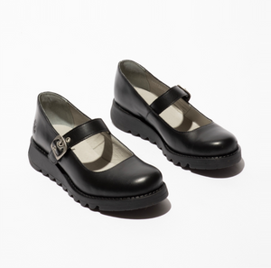 Fly London Samp132Fly Black Leather Buckle Mary Jane Wedges Made In Portugal