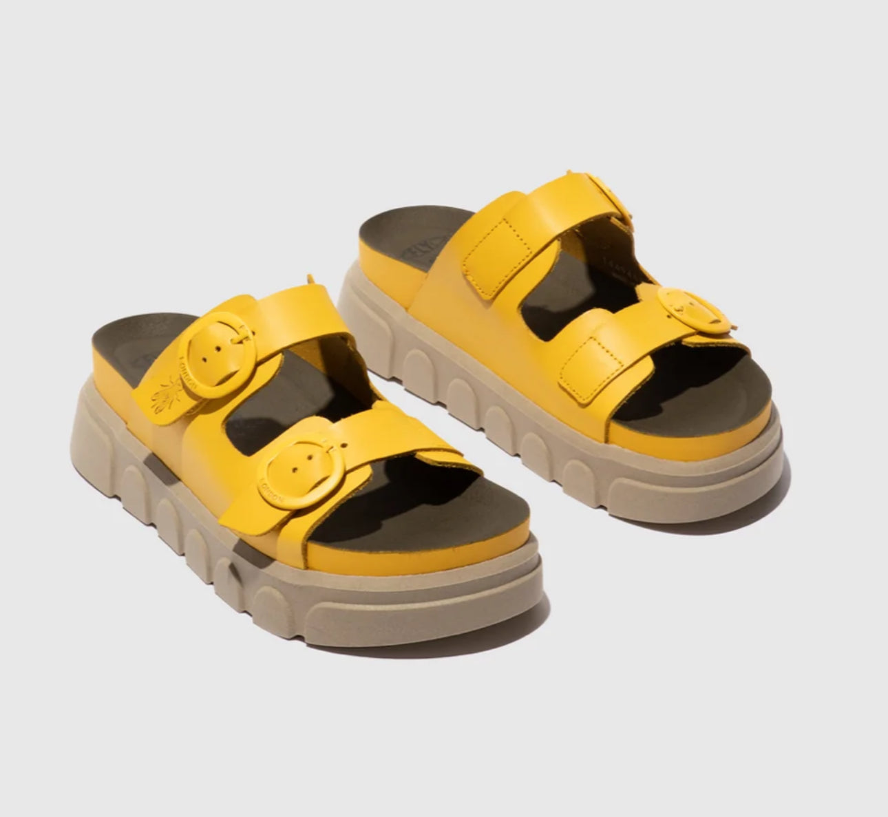 Fly London Cide946Fly Yellow Brooklyn Leather 2 Buckle Mules Wedge Slide Made In Portugal