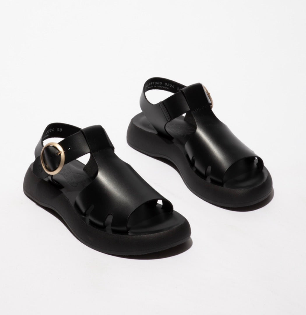 Fly London Bady281Fly Black Bridle Leather Open Toe Sandal Made In Portugal