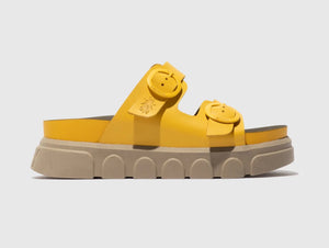 Fly London Cide946Fly Yellow Brooklyn Leather 2 Buckle Mules Wedge Slide Made In Portugal