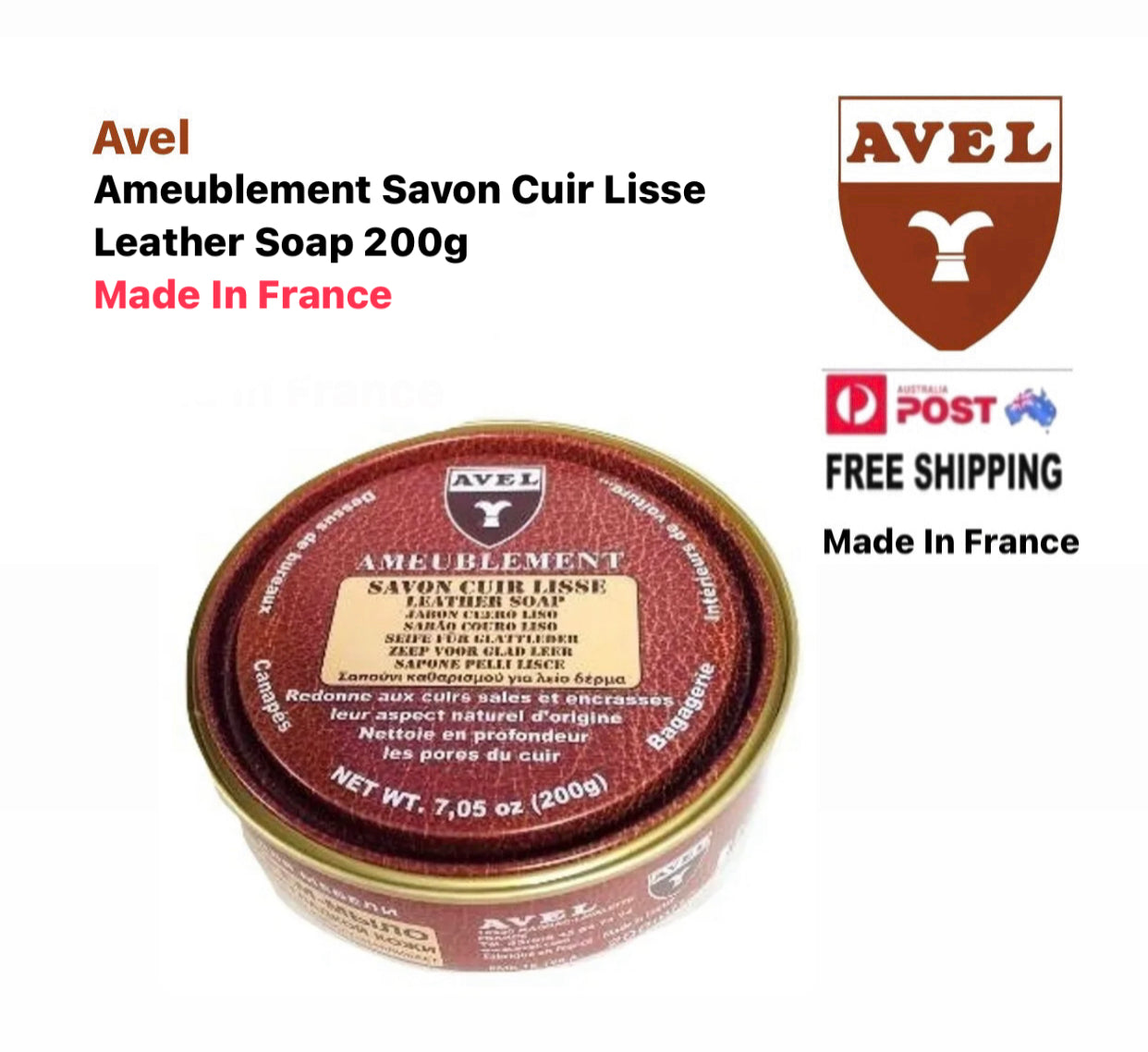 Avel Ameublement Savon Cuir Lisse Leather Soap Cleaner 200g Made In France