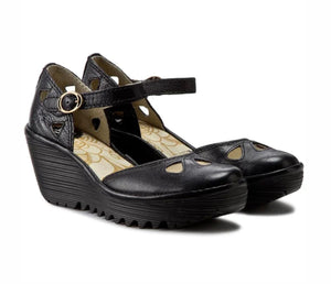 Fly London Yuna Black Mousse Leather Buckle Wedges Made In Portugal