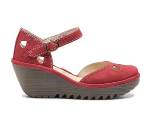 Fly London Yuna Lipstick Red Cupido Leather Buckle Wedges Made In Portugal