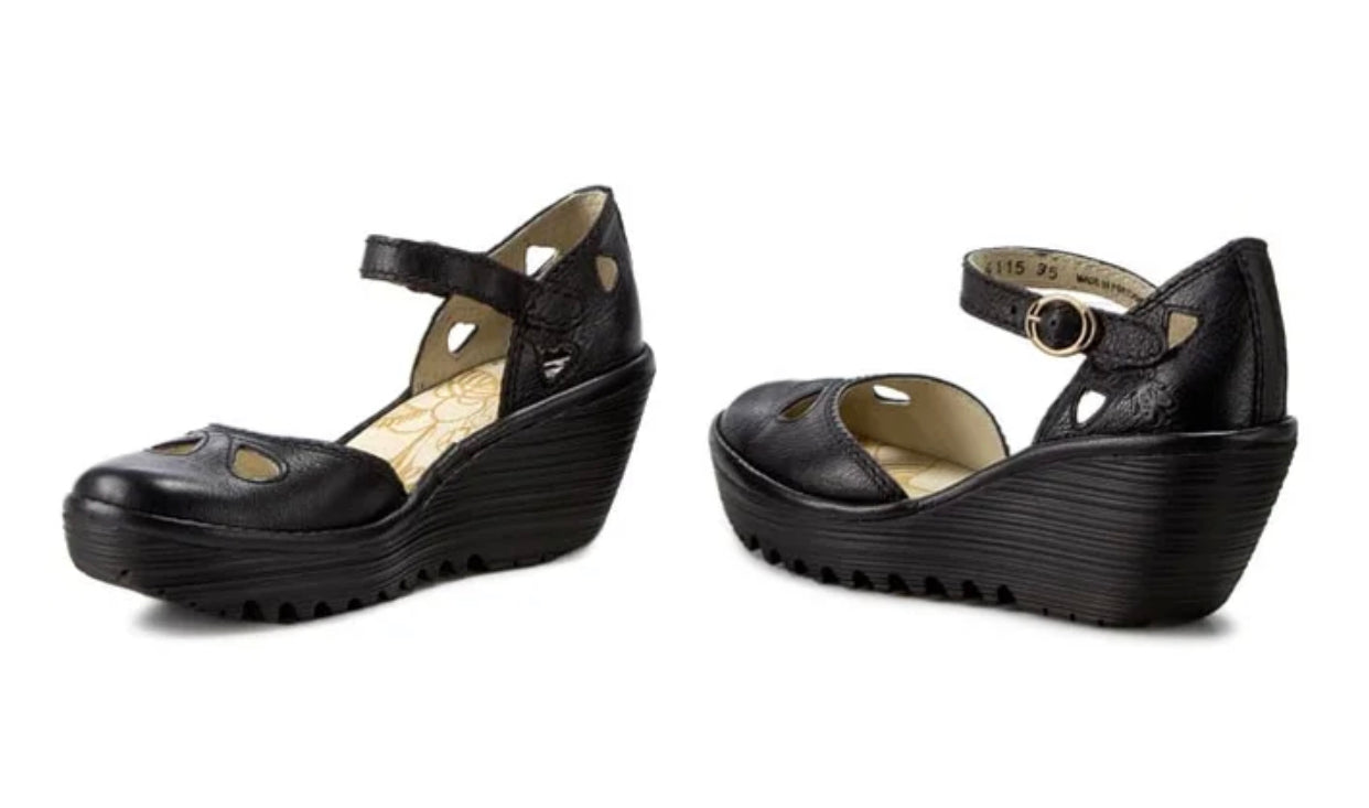 Fly London Yuna Black Mousse Leather Buckle Wedges Made In Portugal