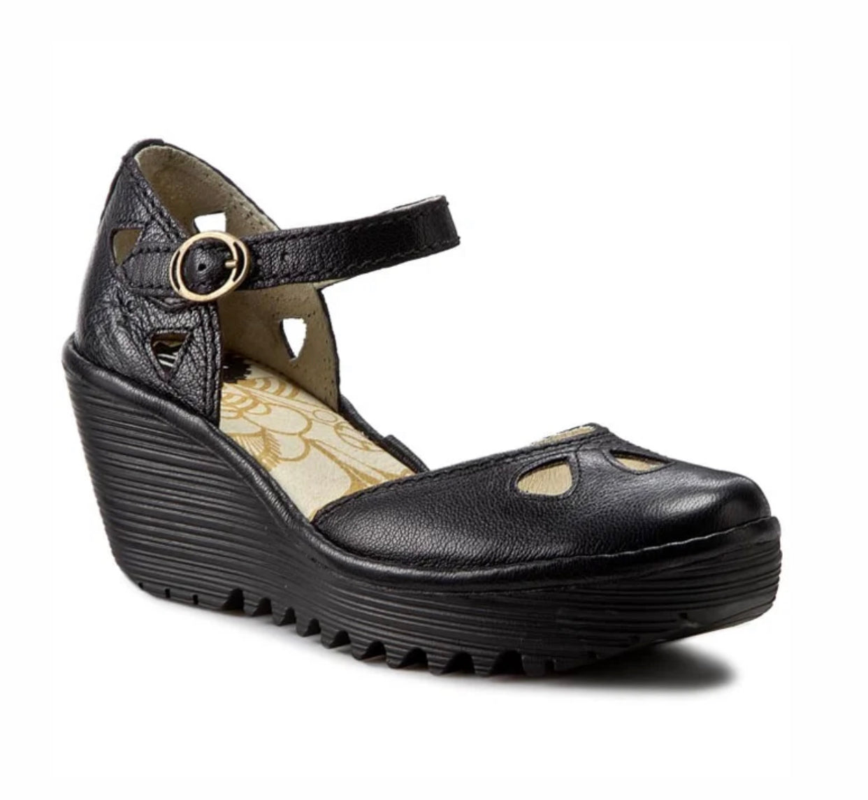 Fly London Yuna Black Mousse Leather Buckle Wedges Made In Portugal