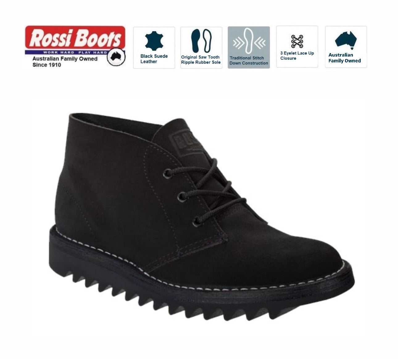 Rossi Boots 4046 Desert Ripple Black Suede Soft Toe 3 Eyelet Lace Up Boot