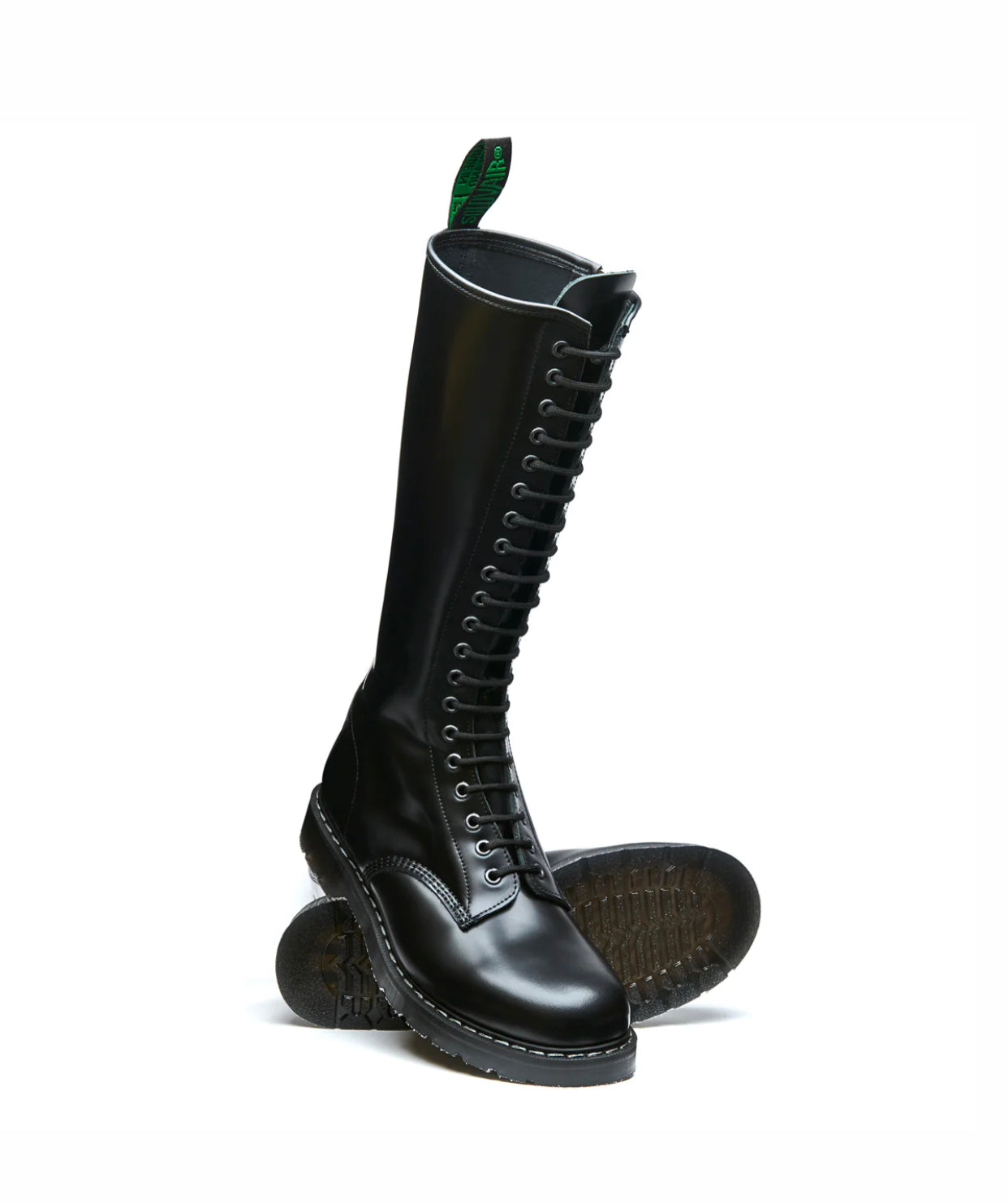 Solovair Black Hi-Shine 20 Eyelet Zip Knee High Boot Made In England