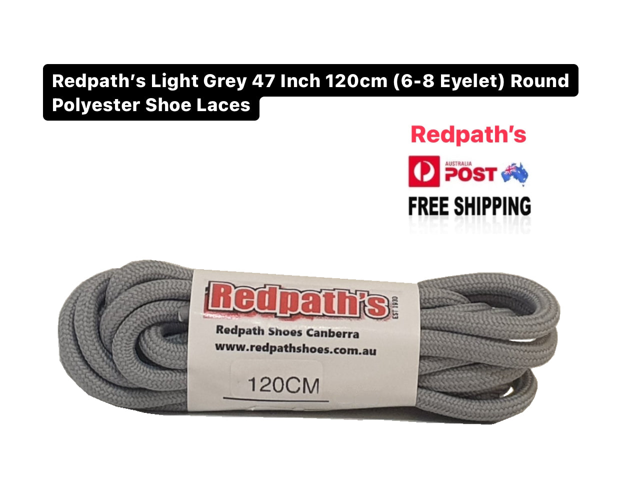 Redpath’s Light Grey 47 Inch 120cm (6-8 Eyelet) Round Polyester Shoe Laces