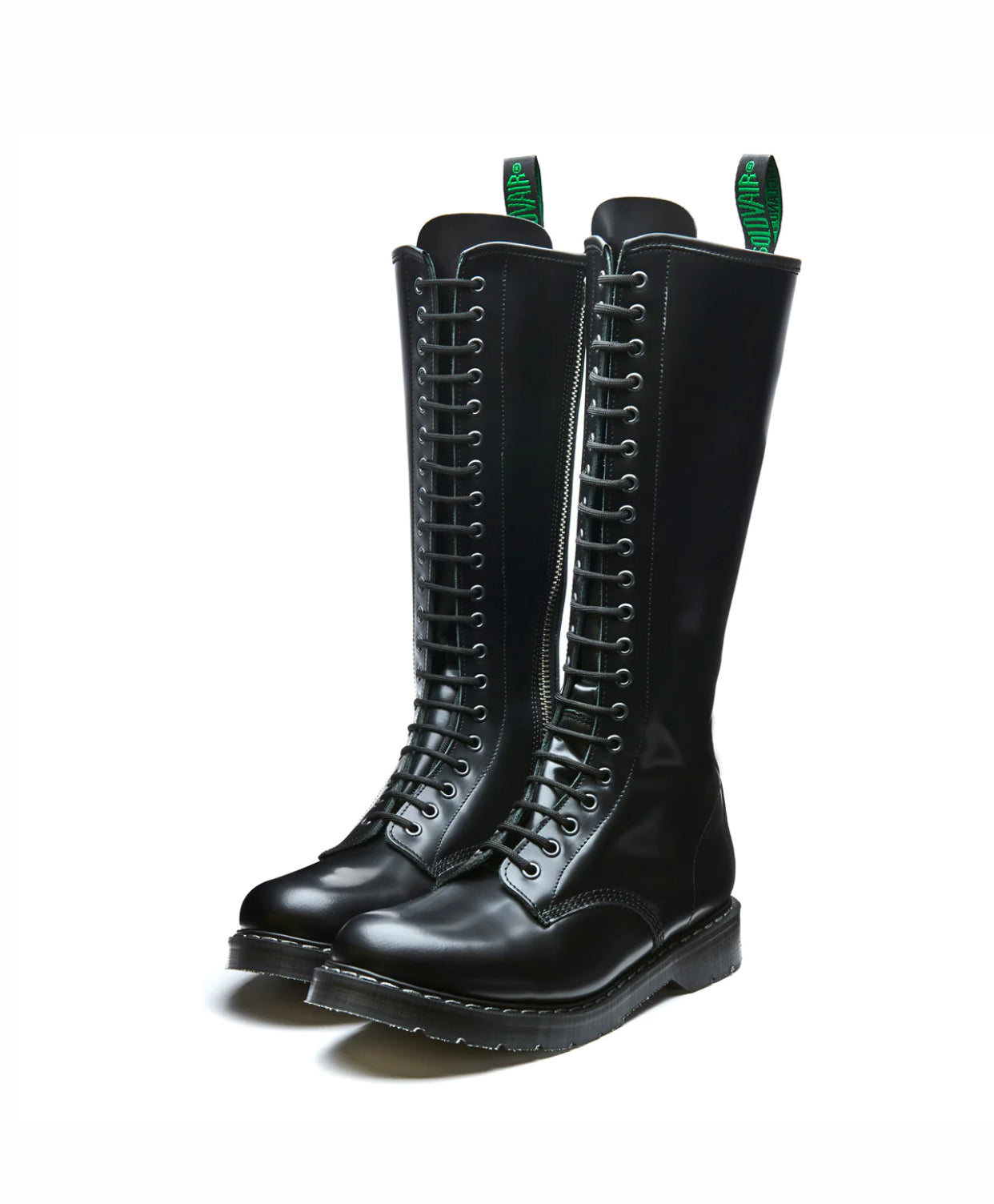 Solovair Black Hi-Shine 20 Eyelet Zip Knee High Boot Made In England