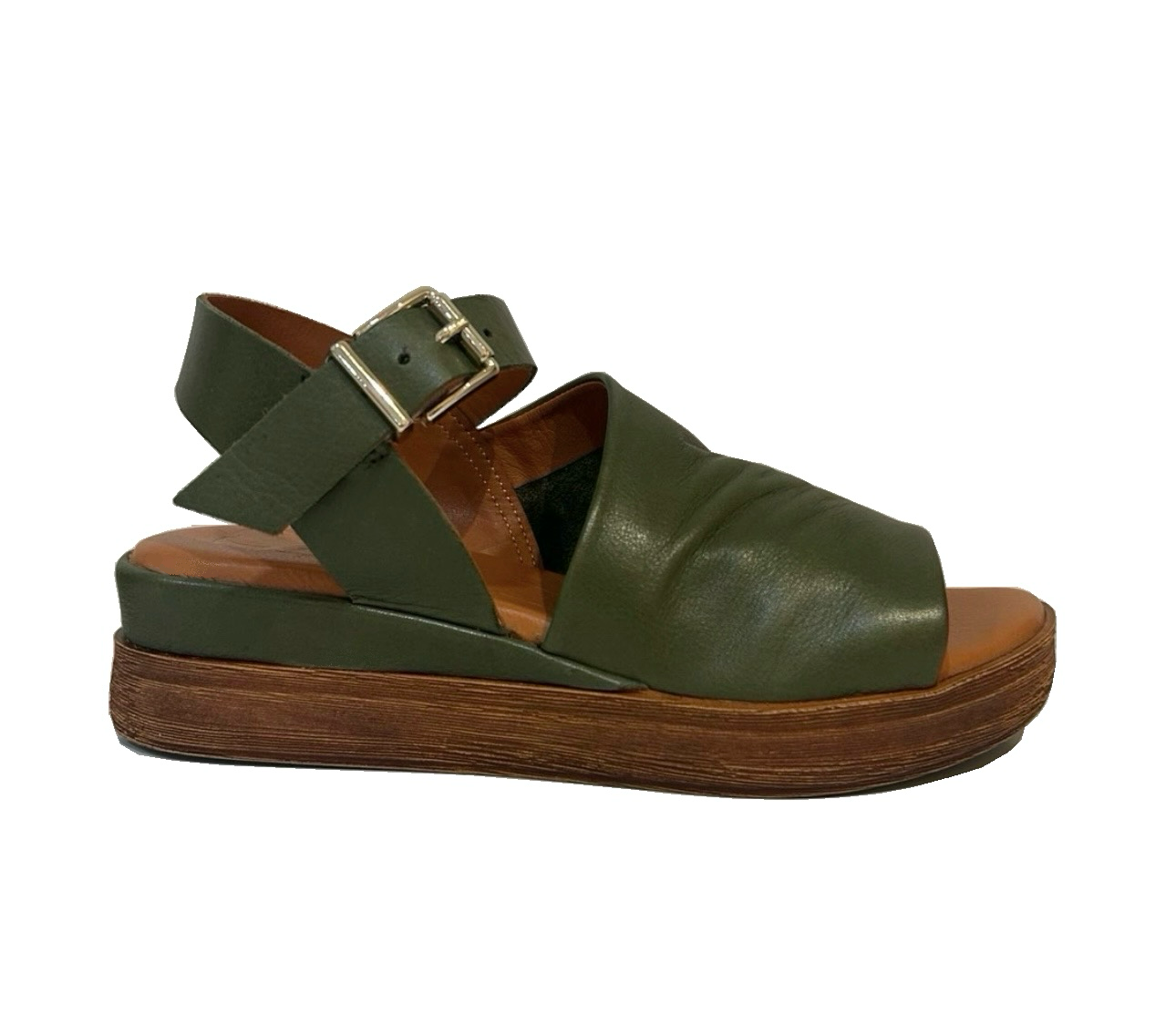 Sala Europe Positano Dark Olive Green Open Toe Buckle Ankle Strap Sandal Made In Turkey