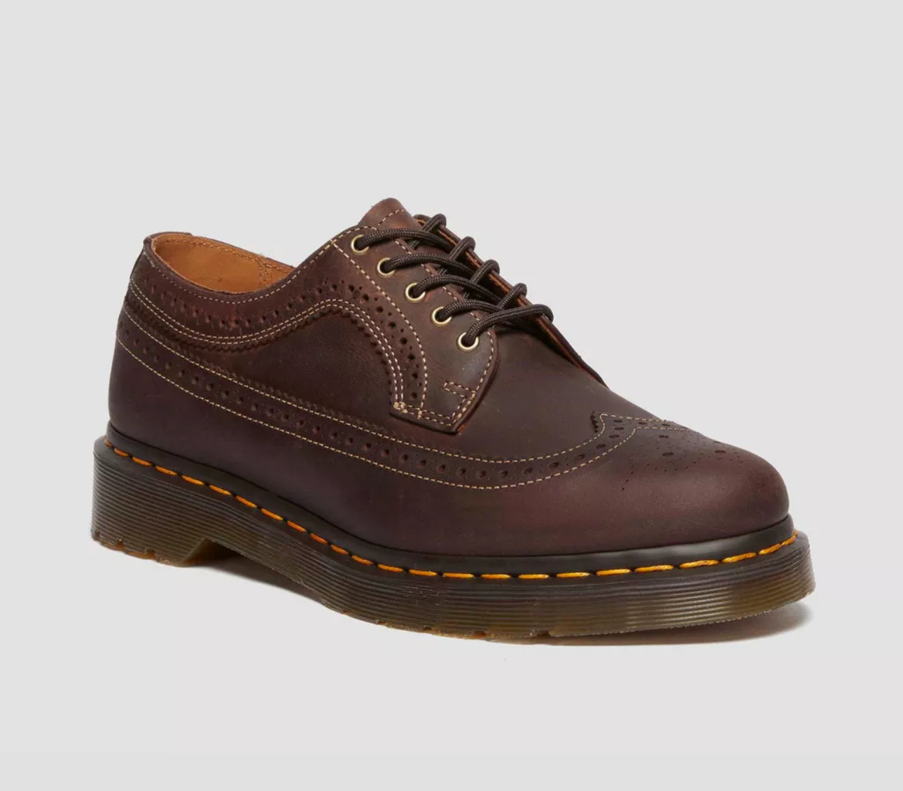 Dr. Martens 3989 Dark Brown Crazy Horse Leather Yellow Stitch Brogue 5 Eyelet Shoe