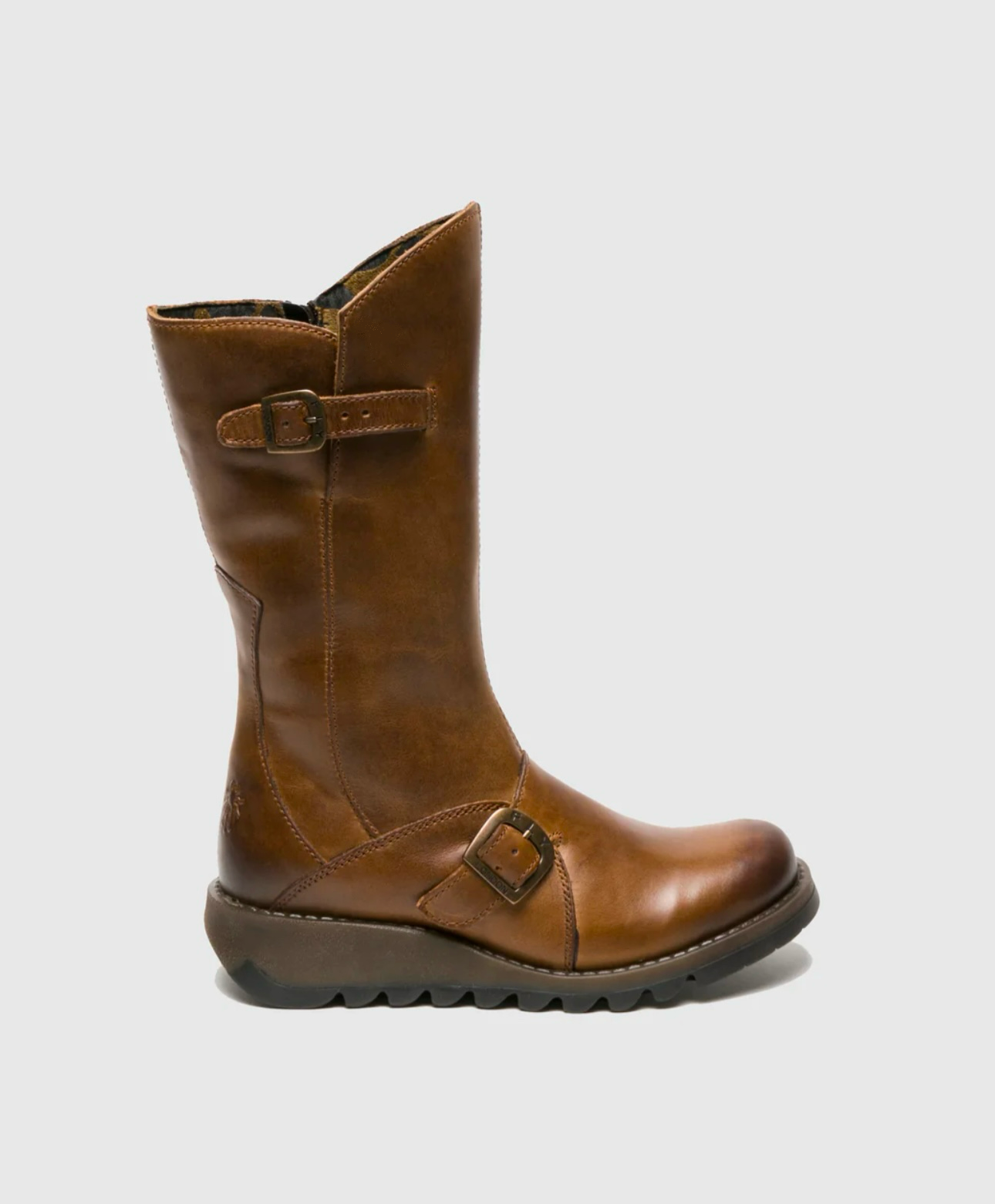 Fly London Mes 2 Camel Light Tan Rug Leather Zip Mid Calf Wedge Boots Made In Portugal