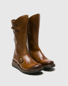 Fly London Mes 2 Camel Light Tan Rug Leather Zip Mid Calf Wedge Boots Made In Portugal