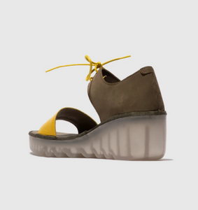Fly London Bilu465Fly Yellow Khaki 2 Eyelet Lace Up Wedge Made In Portugal