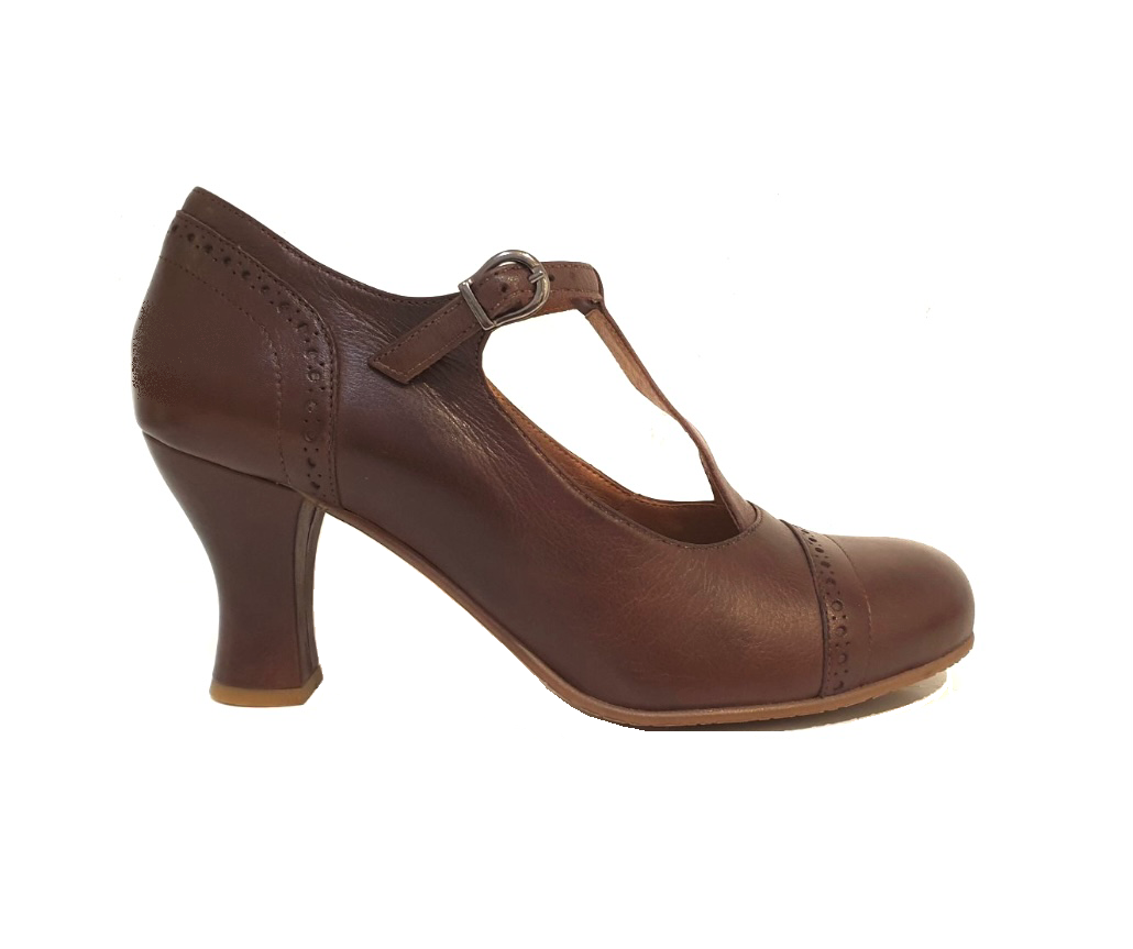 Relance 9474 All Ebano Dark Brown Leather T-Bar Court Shoe Made In Portugal