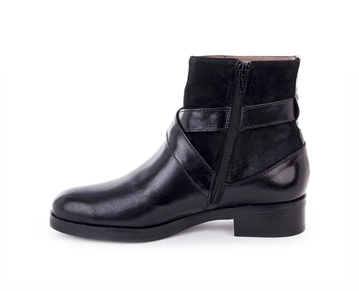Wonders C-4105 Black Leather Buckle Zip Ankle Boot Made In Spain