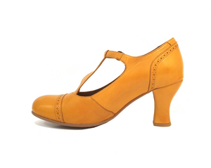 Relance 9474 All Mustard Yellow Leather T-Bar Court Shoe Made In Portugal