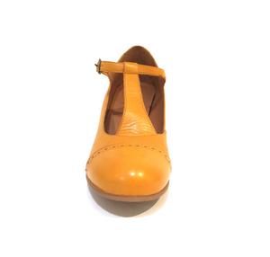 Relance 9474 All Mustard Yellow Leather T-Bar Court Shoe Made In Portugal