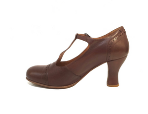 Relance 9474 All Ebano Dark Brown Leather T-Bar Court Shoe Made In Portugal