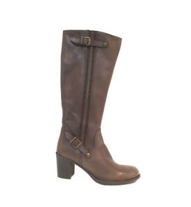 Old Florence 82102 Tamponato T.Moro Brown Double Buckle Zip Knee High Boot Made In Italy