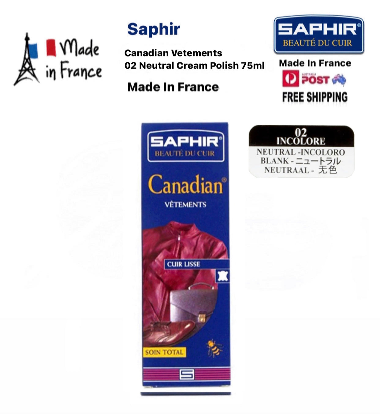 Saphir Canadian Vetements 02 Incolore Neutral Cream Polish 75ml Made In France