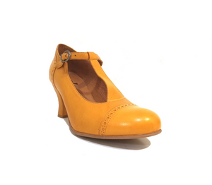 Relance 9474 All Mustard Yellow Leather T-Bar Court Shoe Made In Portugal