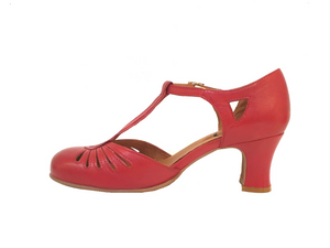 Relance 8540 All Rosso Red Leather T-Bar Court Shoe Made In Portugal