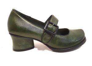 Minki Vicki Forest Green Ladies Court Shoe Velcro Buckle Strap