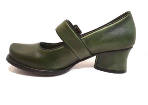Minki Vicki Forest Green Ladies Court Shoe Velcro Buckle Strap