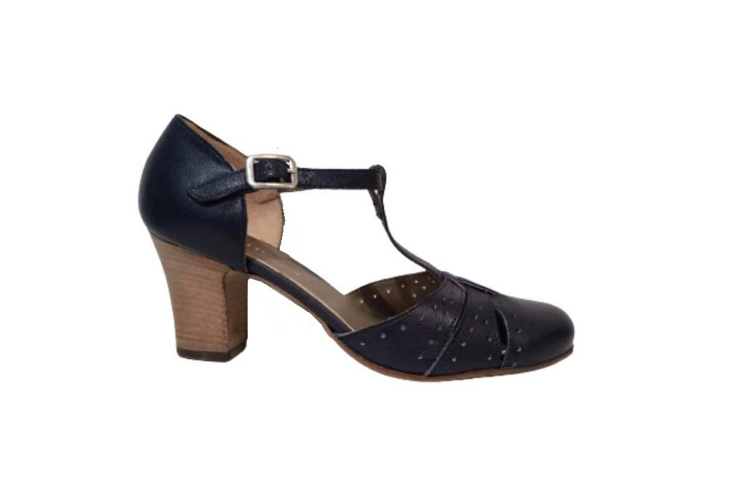 Progetto U041 Tangeri Nott Blue Perforated Leather T-Bar Court Shoe Made In Italy