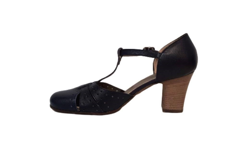 Progetto U041 Tangeri Nott Blue Perforated Leather T-Bar Court Shoe Made In Italy