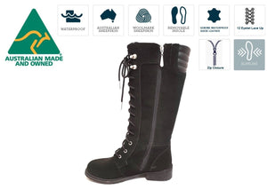 Emu Australia Black Biricet Hi Zip Waterproof Suede Leather 12 Eyelet Sheepskin Made In Australia