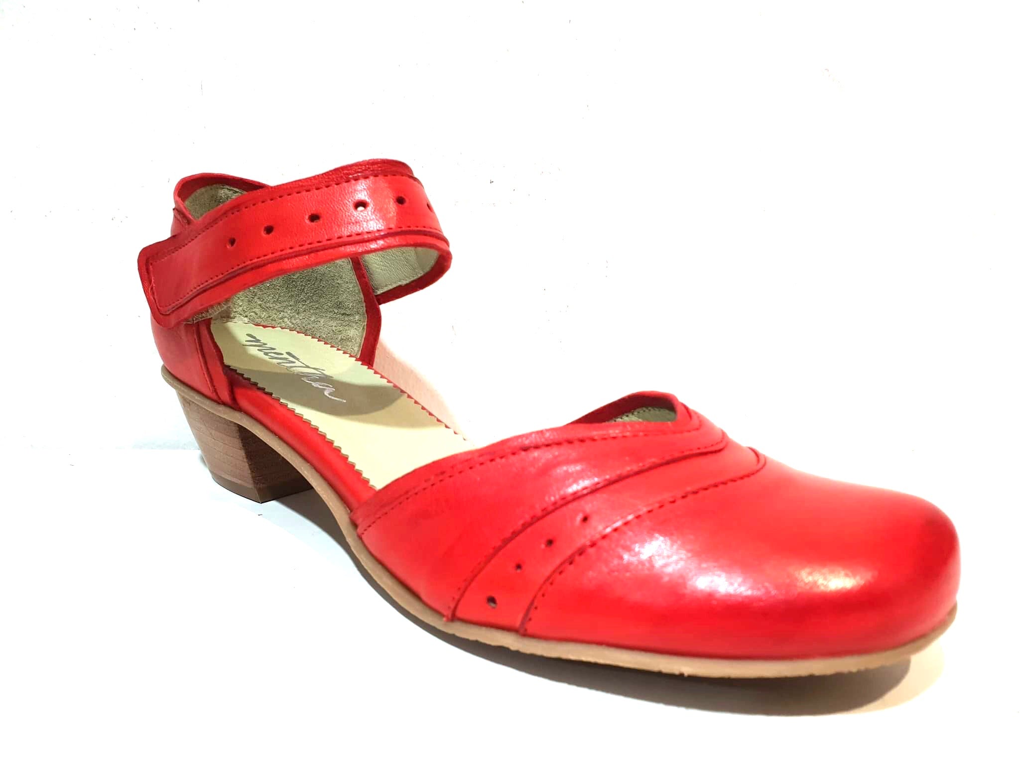 Mentha Andie Red Leather Women’s Court Shoes Mary Jane Velcro Made In Portugal