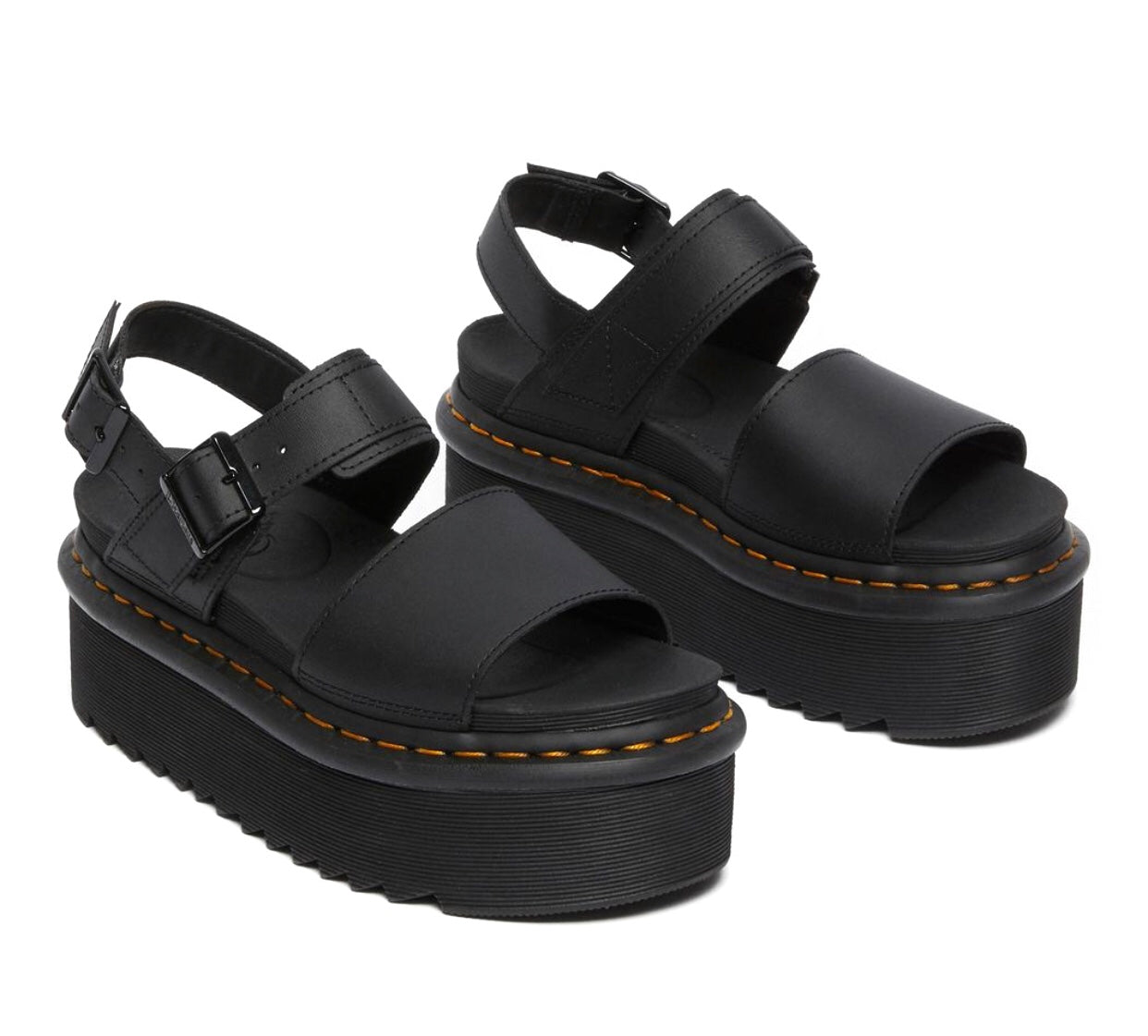 Dr. Martens Voss Quad Black Hydro Leather Yellow Stitch Platform Sandal