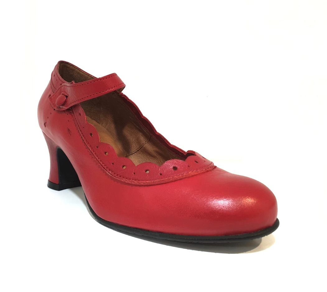 Rock n’ Dot 9847 Dorothy All Rosso Red Leather Button Court Shoe Made In Portugal