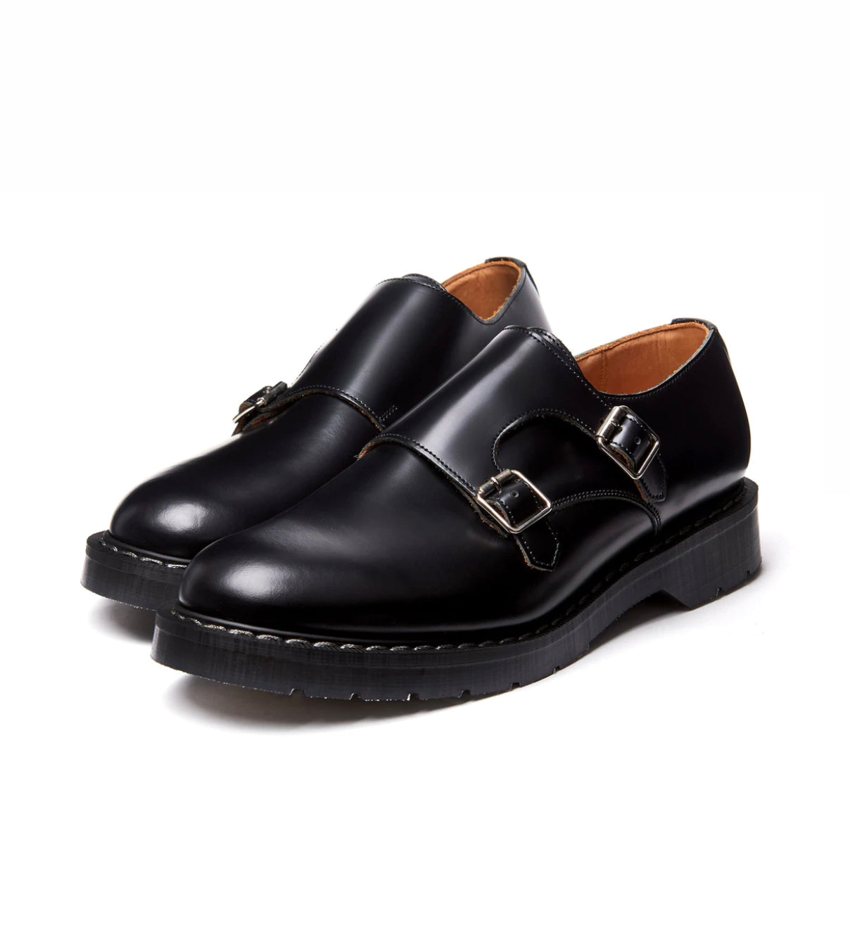Solovair Black Hi Shine Double Buckle Monk Shoe Made In England
