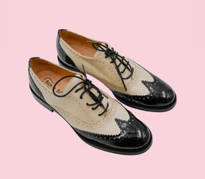 Rock n’ Dot 6904 Emily Black Coffee Cream Patent Leather 5 Eyelet Brogue Made In Portugal