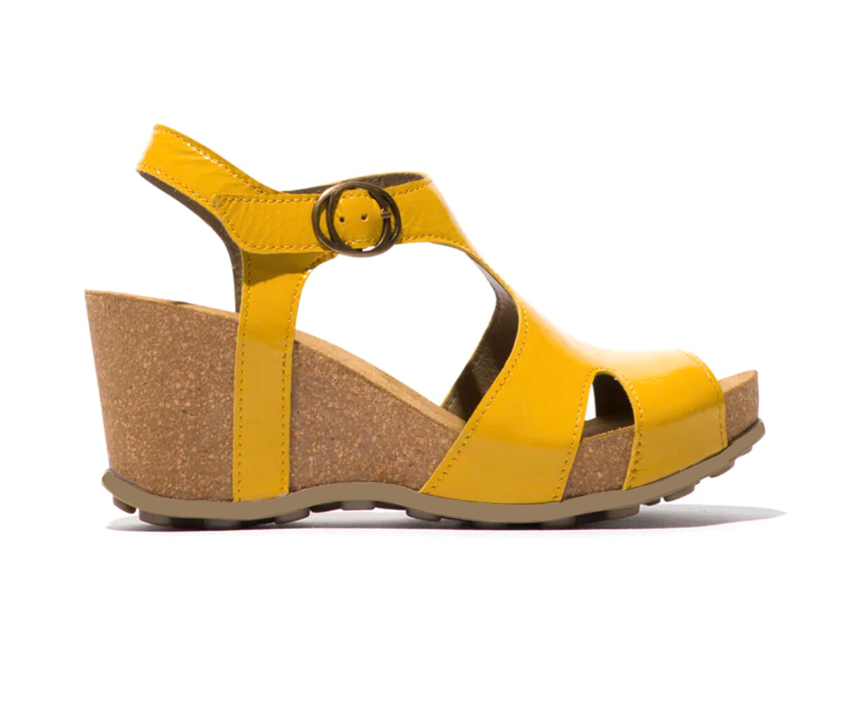 Fly London Goda856Fly Yellow Patent Luxor Open Toe Wedge Sandals Made In Portugal