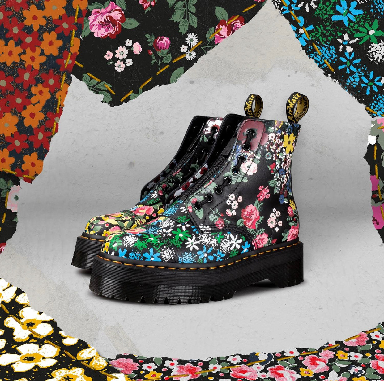 Dr. Martens Sinclair Black Floral Mash Up Backhand Zip Ankle 8 Eyelet Boot