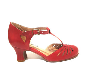 Rock n’ Dot 8540 Linda All Rosso Red Leather T-Bar Court Shoe Made In Portugal