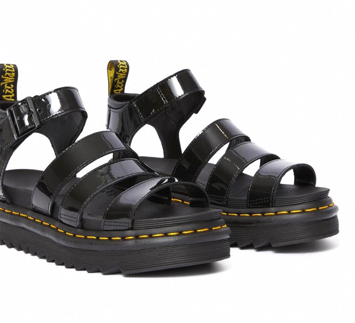 Dr. Martens Blaire Chunky Black Patent Sandal Buckle 3 Strap