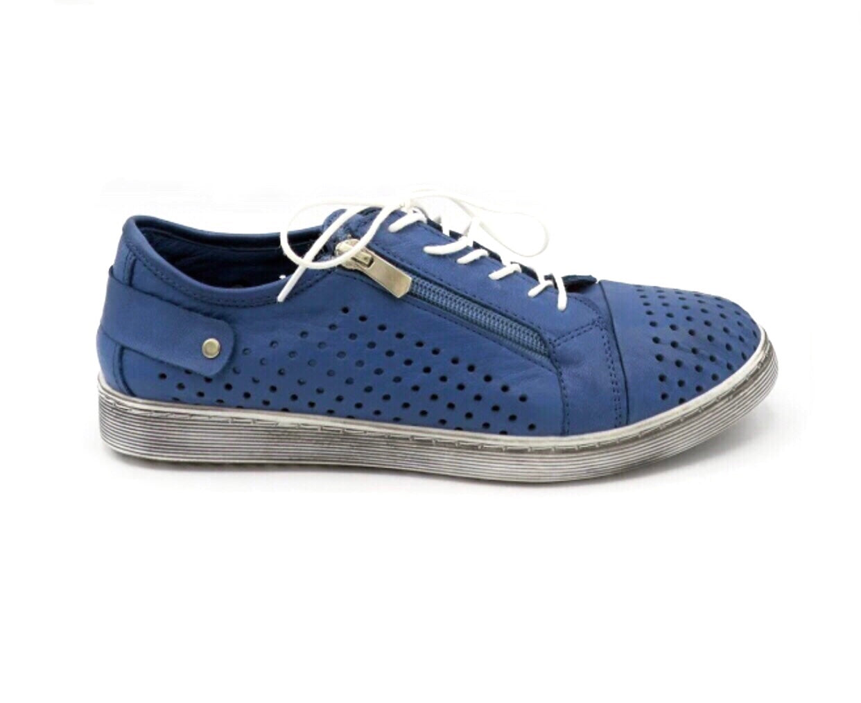 Cabello Comfort EG17 Ocean Blue Perforated 6 Eyelet Zip Shoe Made In Turkey