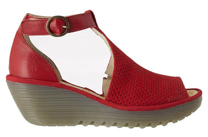 Fly London YALL962FLY Lipstick Red Cupi/mous Women's Wedges Open Toe Sandals Made In Portugal