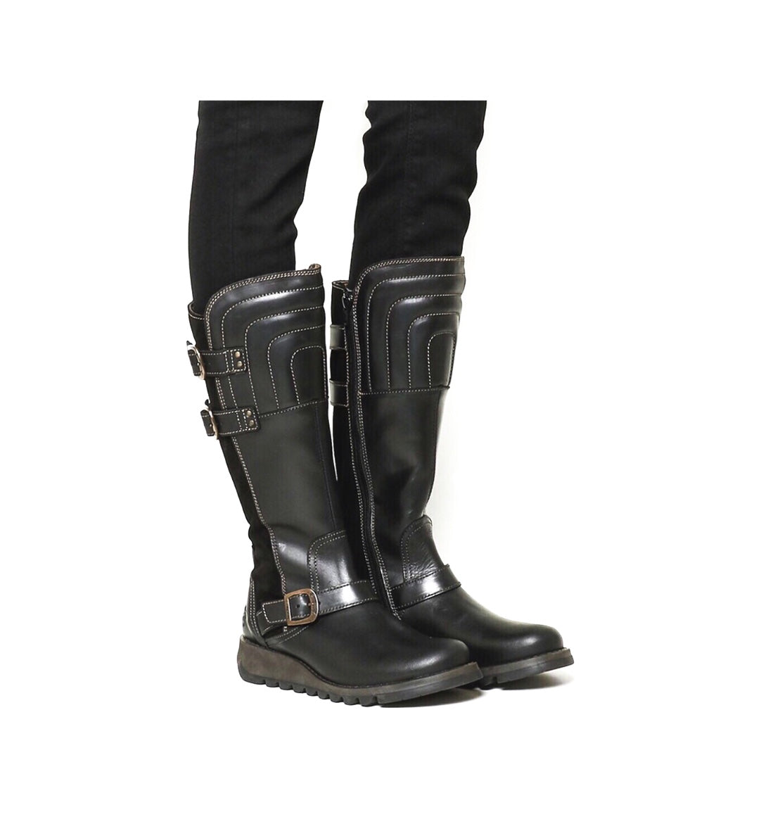 Fly London Sher Black 3 Buckles Zip Knee Hi Boots Made In Portugal