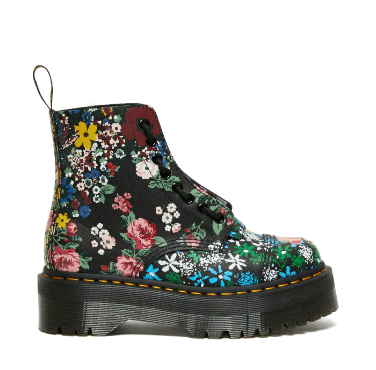 Dr. Martens Sinclair Black Floral Mash Up Backhand Zip Ankle 8 Eyelet Boot