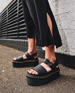 Dr. Martens Voss Quad Black Hydro Leather Yellow Stitch Platform Sandal