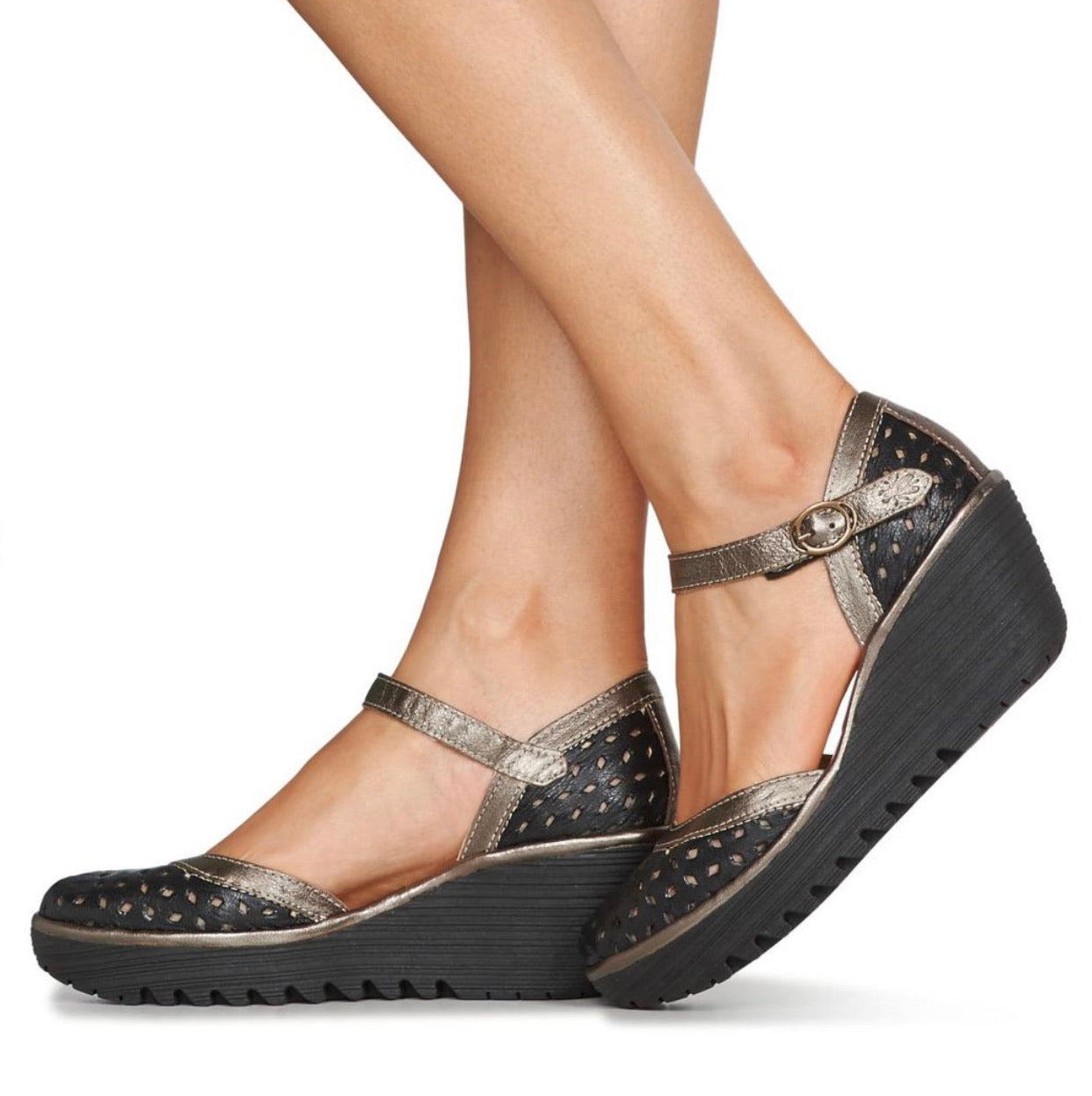 Fly London YVEN029FLY Black/Bronze Mous/Idra Women's Wedges Sandals Made In Portugal