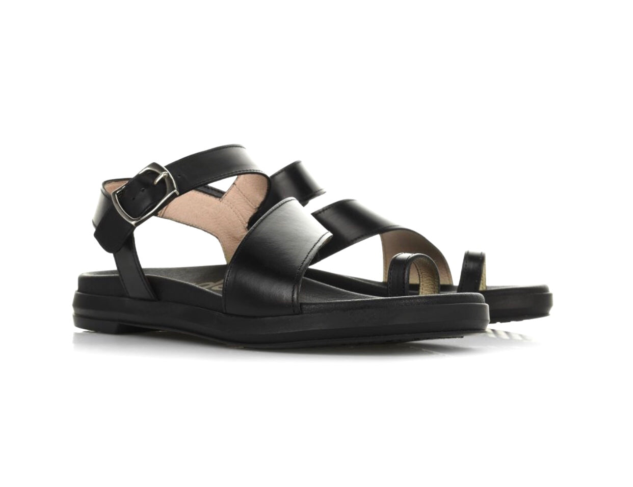 Wonders B-7413 Black Negro Pergamena Leather Toe Loop Sandals Made In Spain